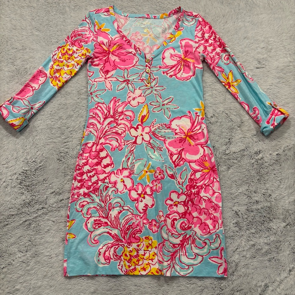 Lilly Pulitzer Women’s Long Sleeve Cotton Casual‎ Dress Turquoise Pink Sz XXS